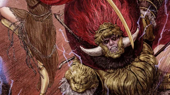 A manga drawing of Elden Ring's Radahn fighting Malenia.