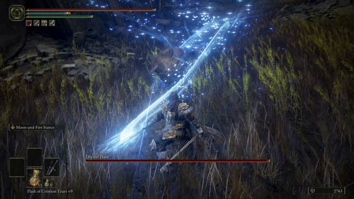 The Tarnished battling Dryleaf Dane at Moorth Ruins in Elden Ring Shadow of the Erdtree.