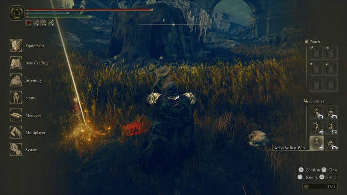 The Tarnished performing the "May the best win" emote for Dryleaf Dane in Elden Ring Shadow of the Erdtree.