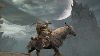 A Tarnished on Torrent framed against Jagged Peak and the Land of Shadow's Twin Moons