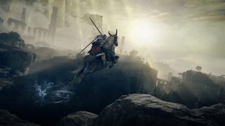 Elden Ring's Tarnished doing a nice jump on a horse.