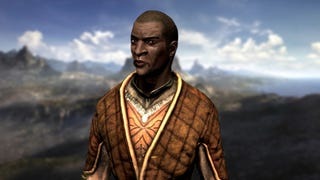Skyrim's Nazeem against the background of The Elder Scrolls 6 teaser trailer.