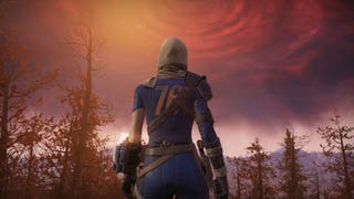 The player looking at the storm in Fallout 76's Skyline Valley expansion.