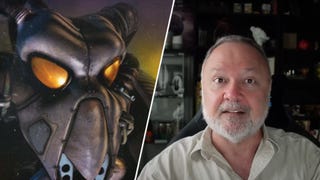 Tim Cain alongside an Enclave soldier in Fallout 2.