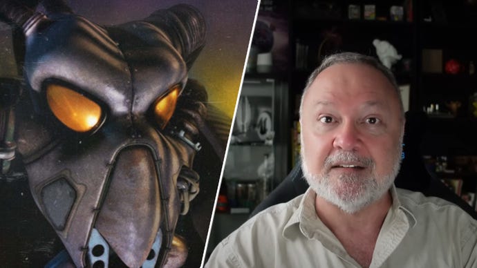 Tim Cain alongside an Enclave soldier in Fallout 2.