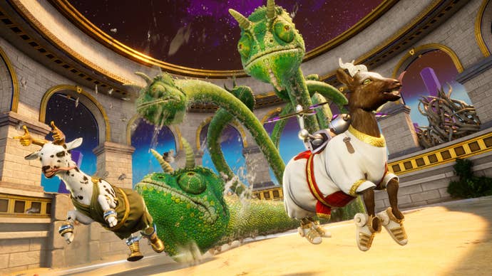 Goat battling the iguana hydra in Goat Simulator 3's DLC.