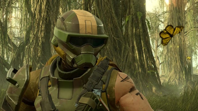 A helldiver chilling next to some trees and a butterfly in Helldivers 2.