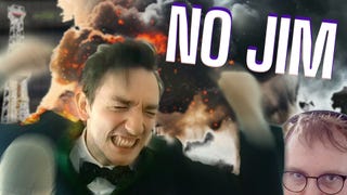 A man in a tuxedo screams into a podcast microphone as an oil rig explodes behind him.
