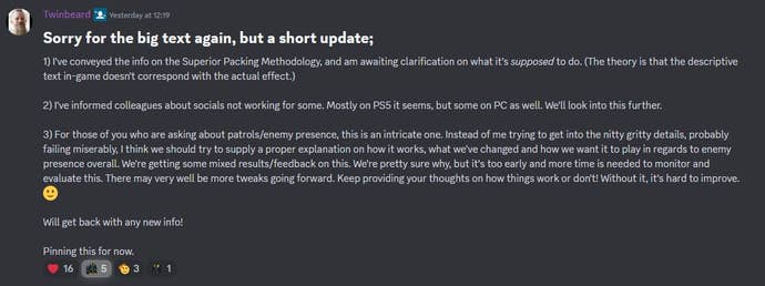 Twinbeard's post in the Helldivers 2 Discord server.