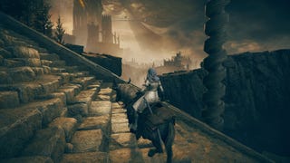 The Tarnished, atop Torrent, waits on some stairs in Belurat Tower Settlement in Elden Ring Shadow of the Erdtree